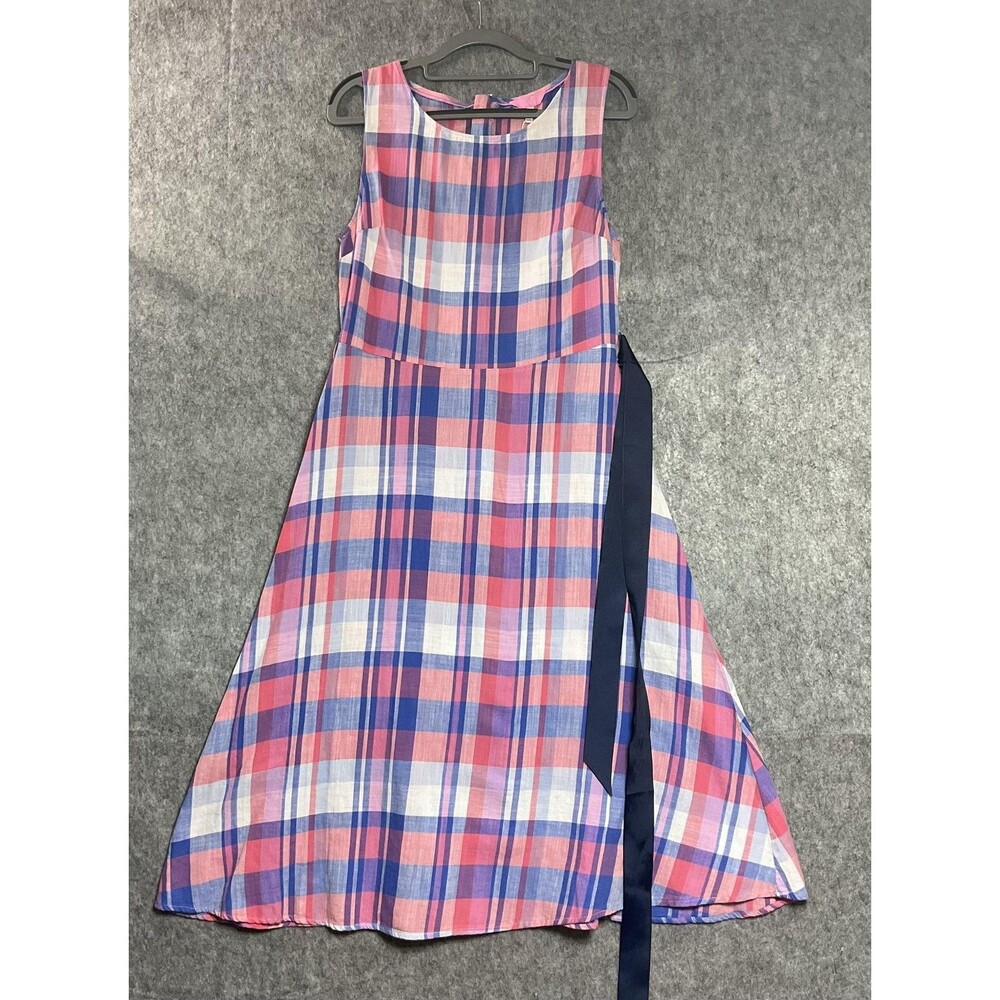 Joules Dress Womens 8 Pink Blue Plaid Sleeveless Tie Belt Midi Cottage New